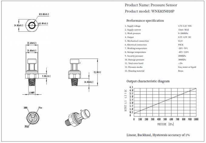 Transmissor capacitivo cerâmico de bronze do sensor da pressão 0.5-4.5V do baixo custo para a água do gás de ar